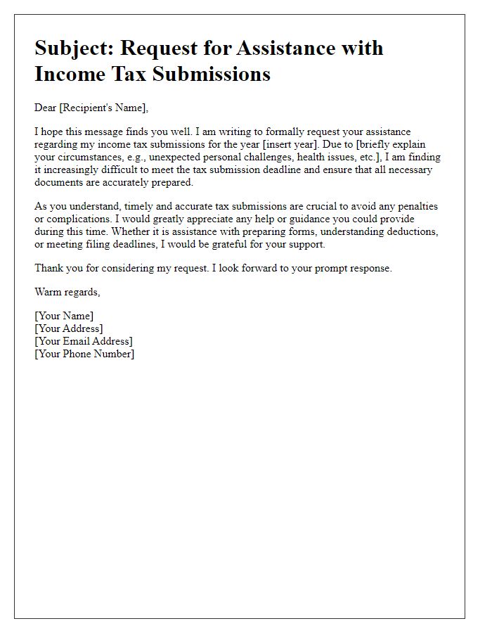 Letter template of appeal for help with income tax submissions.