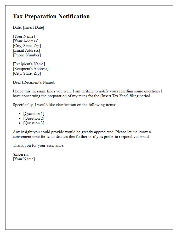 Letter template of notification for tax preparation questioning.