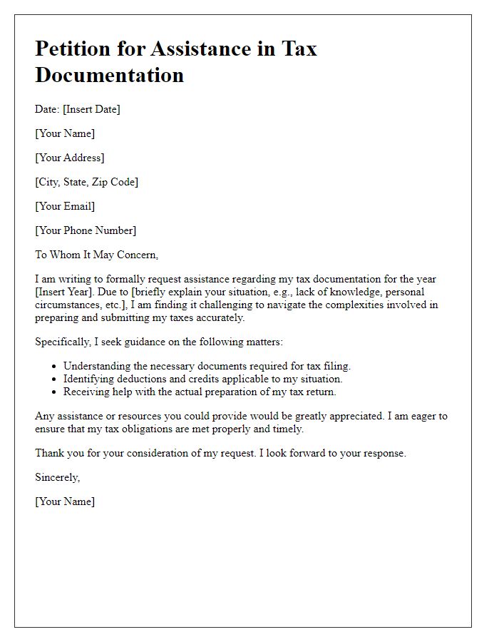 Letter template of petition for assistance in tax documentation.