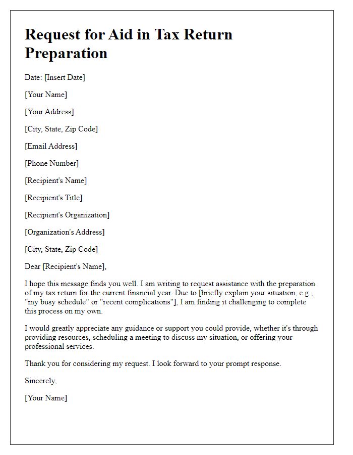 Letter template of request for aid in tax return preparation.