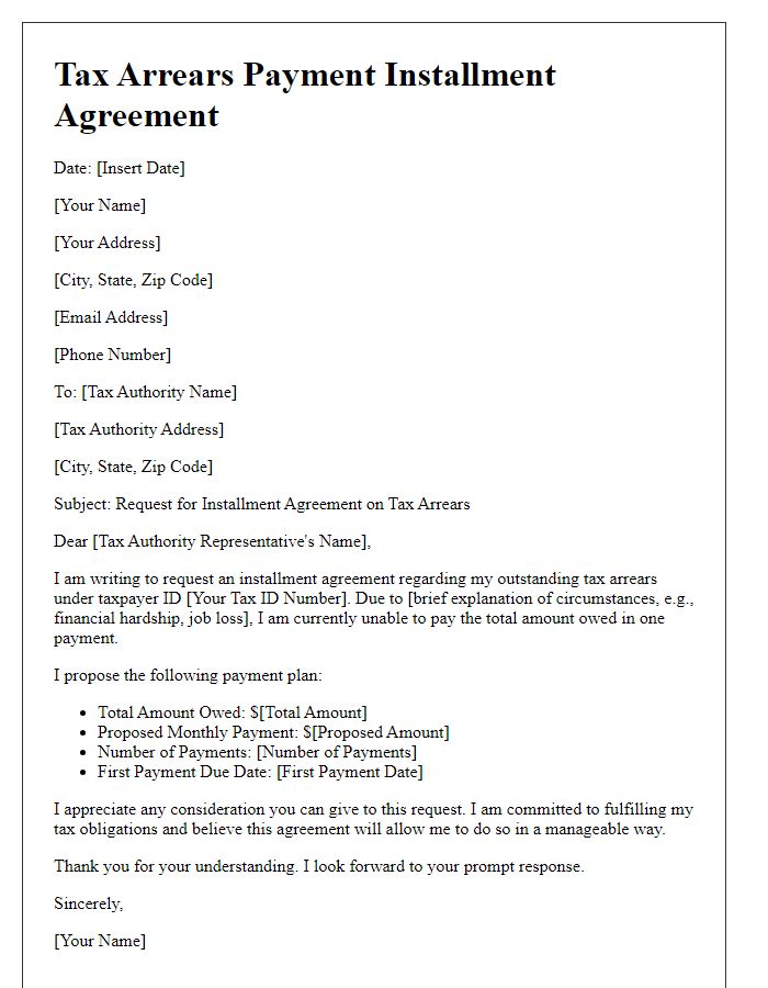 Letter template of tax arrears payment installment agreement