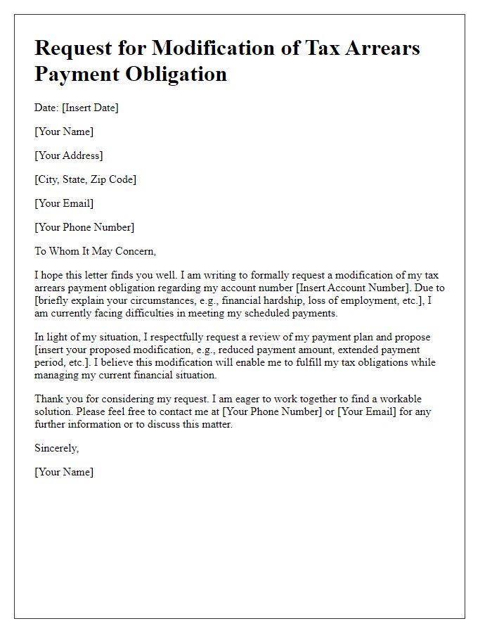 Letter template of tax arrears payment obligation modification request