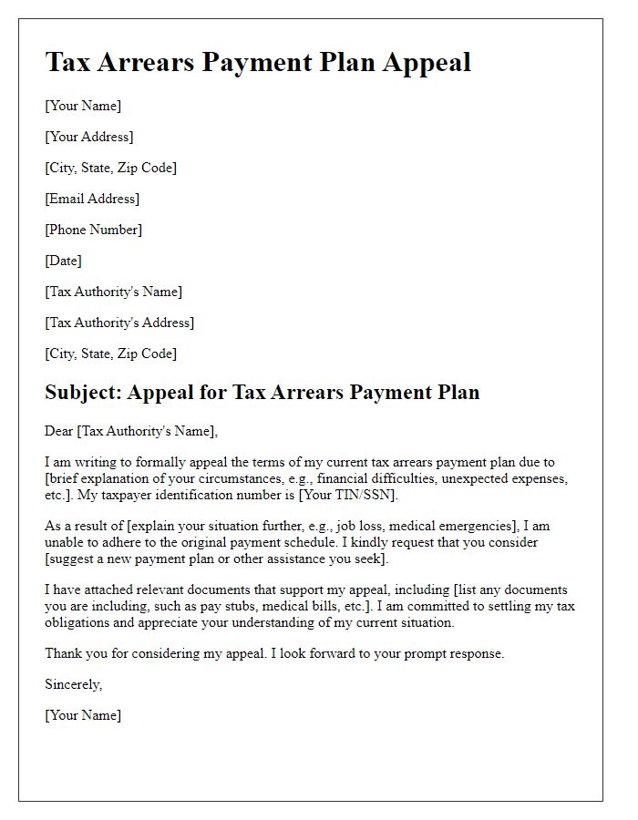 Letter template of tax arrears payment plan appeal