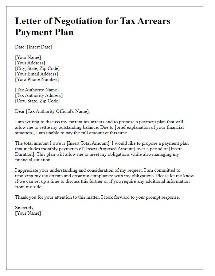 Letter template of tax arrears payment plan negotiation