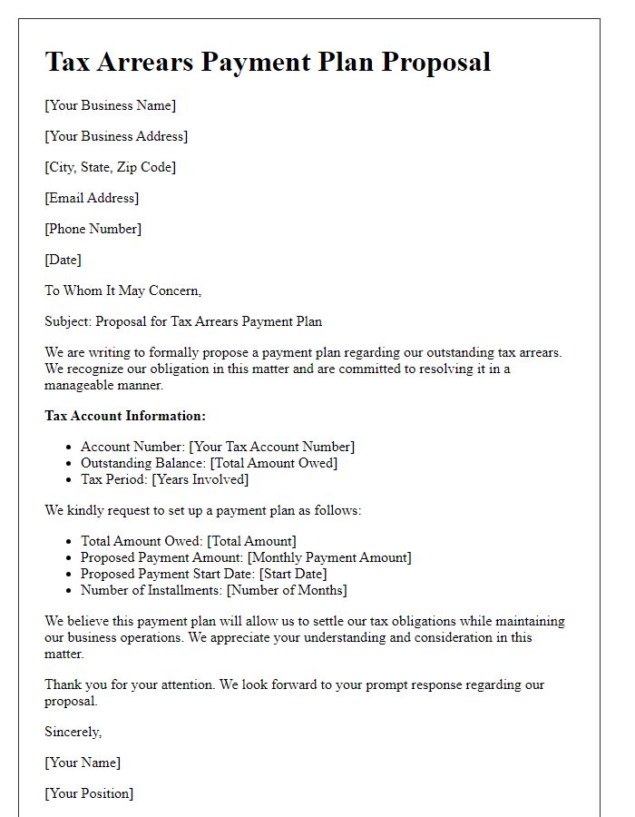 Letter template of tax arrears payment plan proposal for businesses