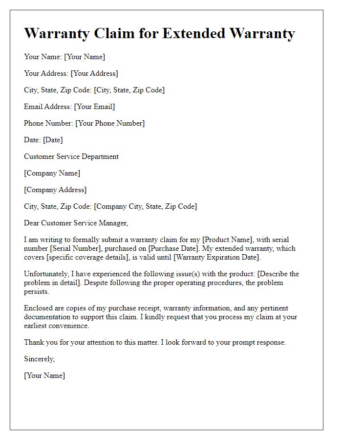 Letter template of warranty claim for extended warranty issues