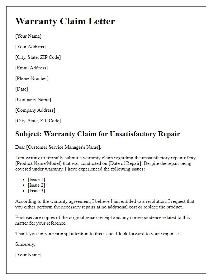 Letter template of warranty claim for unsatisfactory repair