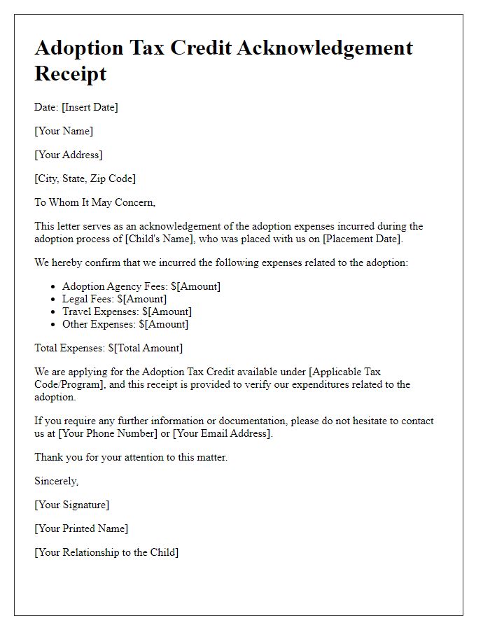 Letter template of adoption tax credit acknowledgement receipt.