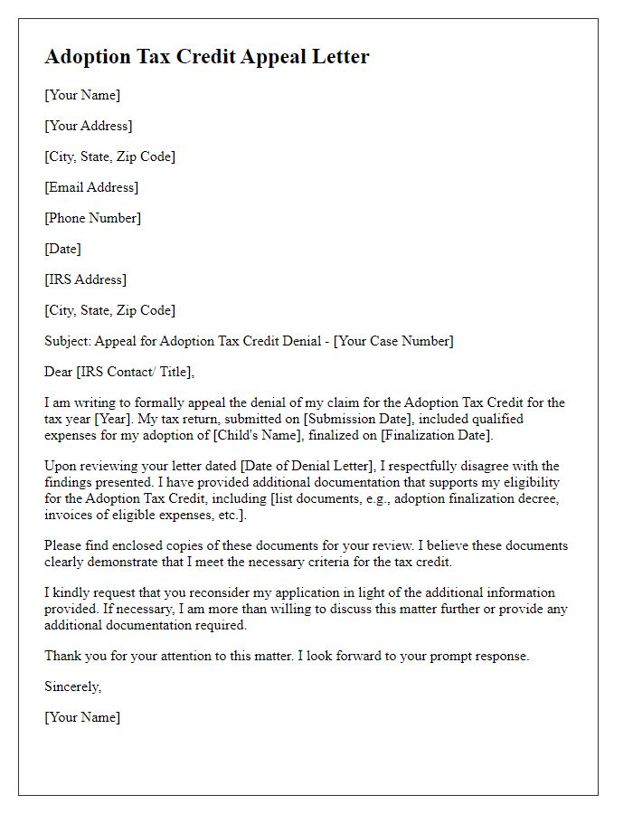 Letter template of adoption tax credit appeal letter.