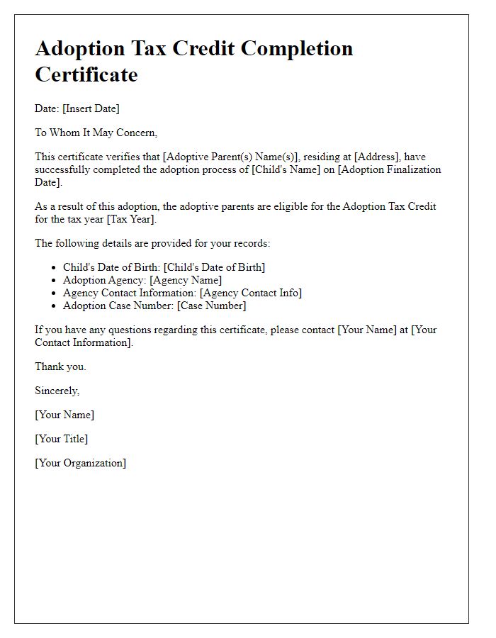 Letter template of adoption tax credit completion certificate.