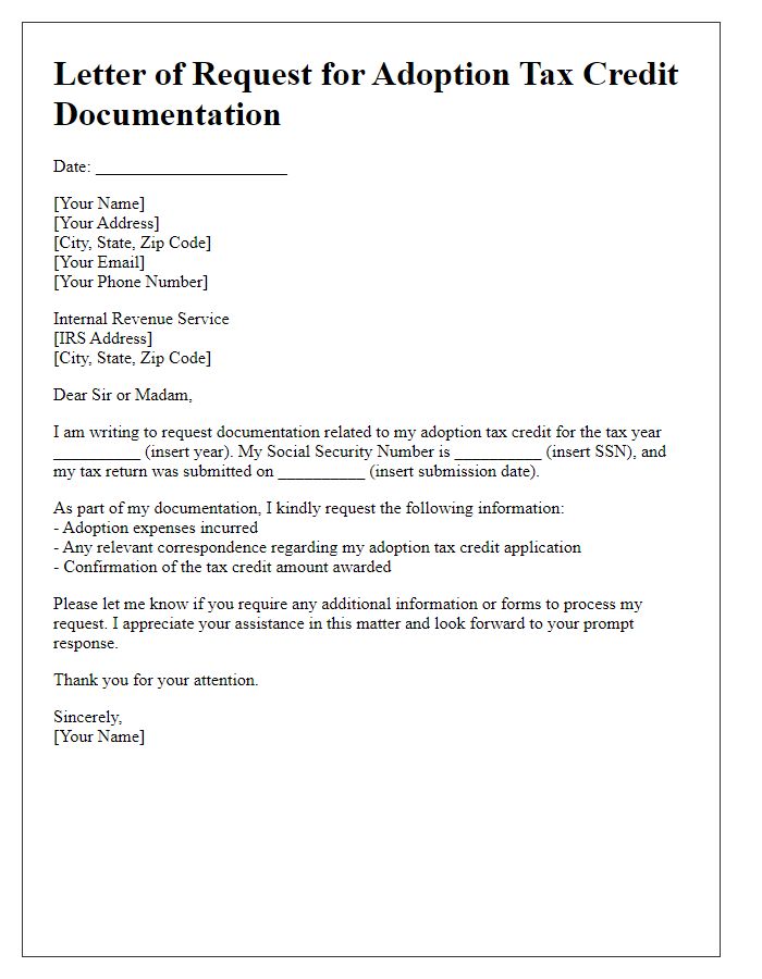 Letter template of adoption tax credit documentation request.