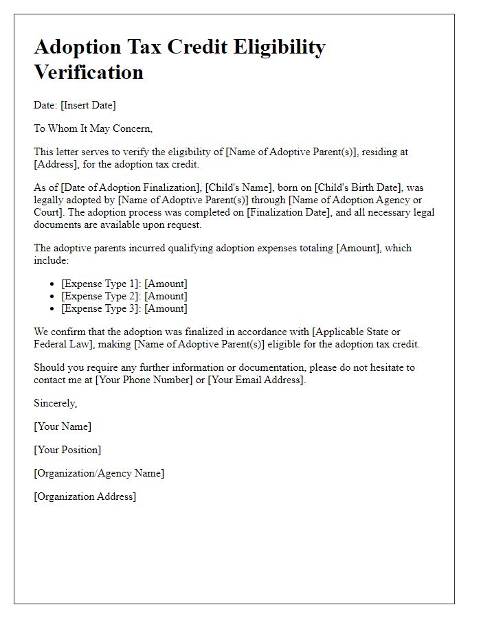 Letter template of adoption tax credit eligibility verification.