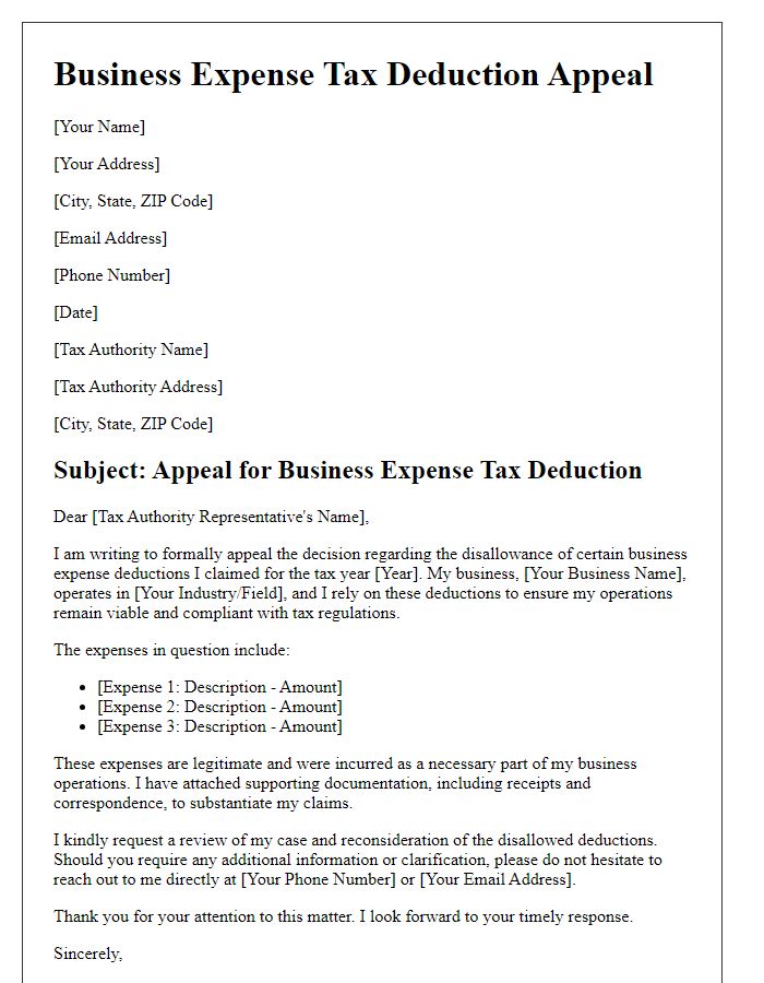 Letter template of business expense tax deduction appeal