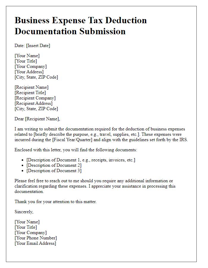 Letter template of business expense tax deduction documentation submission