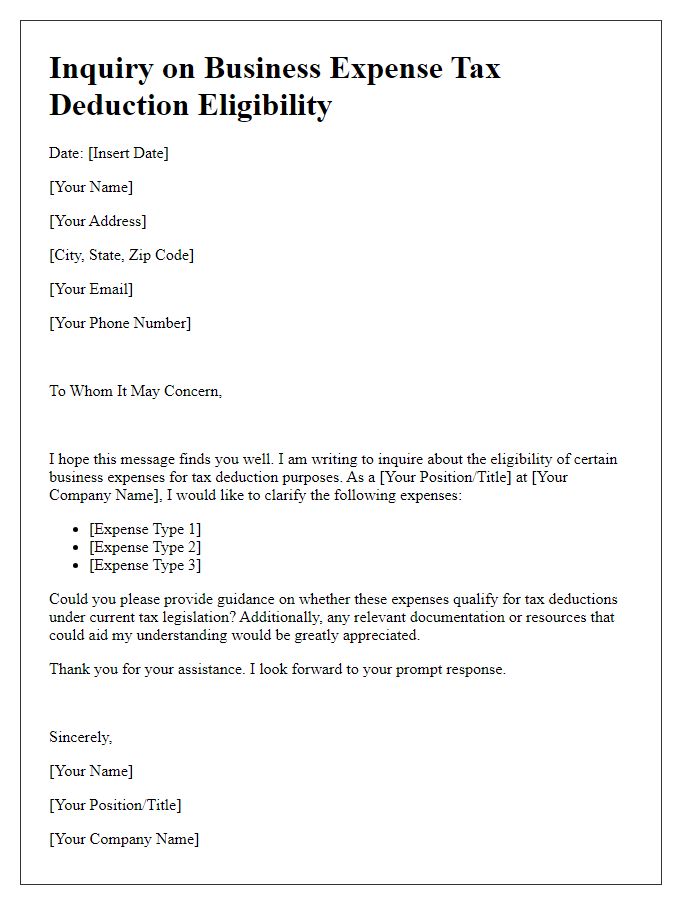 Letter template of business expense tax deduction eligibility inquiry