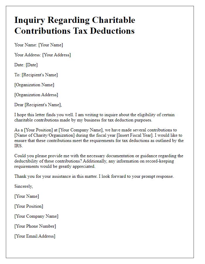 Letter template of business expense tax deduction inquiry for charitable contributions