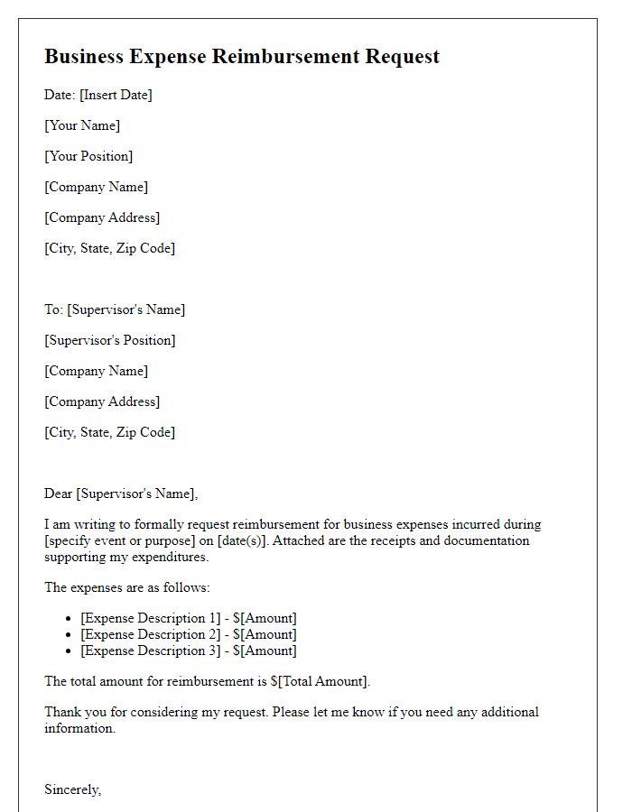 Letter template of business expense tax deduction reimbursement request