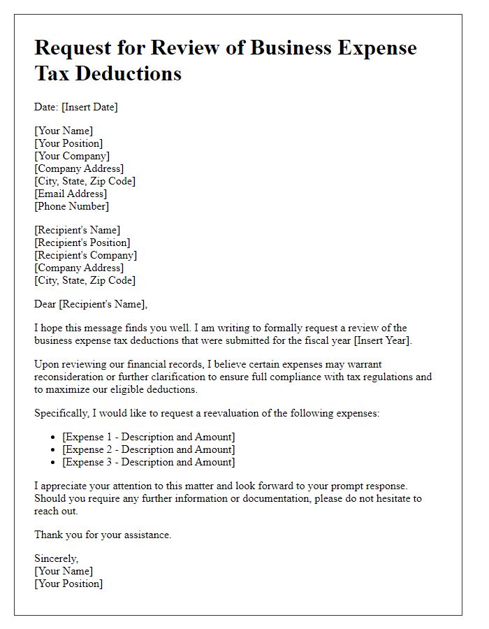 Letter template of business expense tax deduction review request