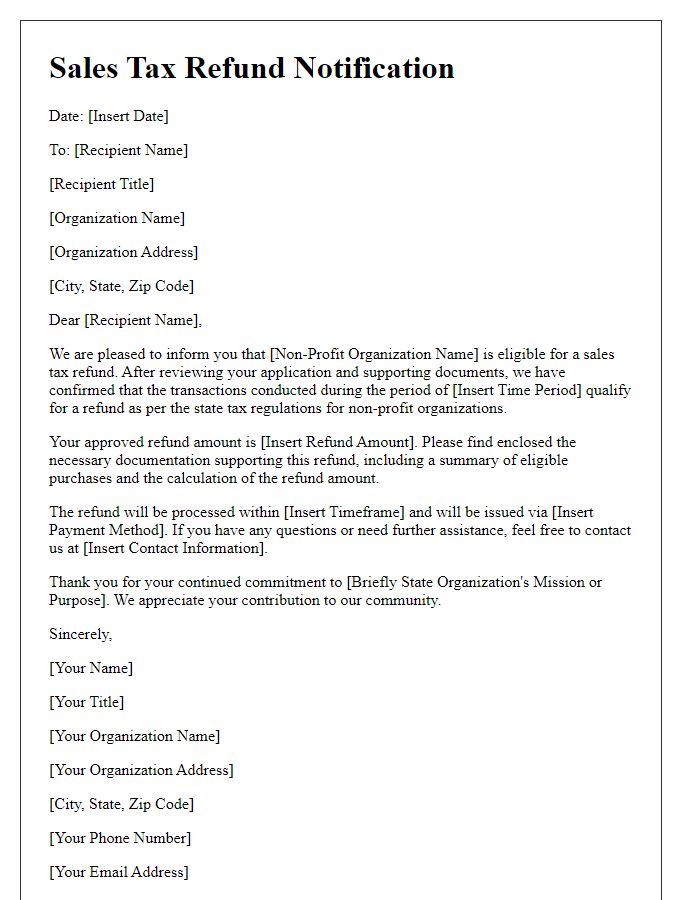 Letter template of sales tax refund notification for non-profit organizations