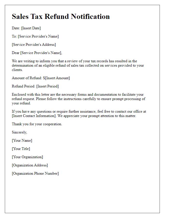 Letter template of sales tax refund notification for service providers