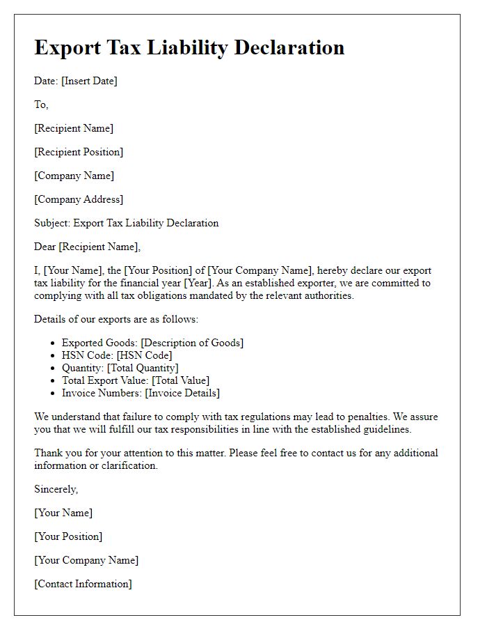 Letter template of export tax liability declaration for established exporters.