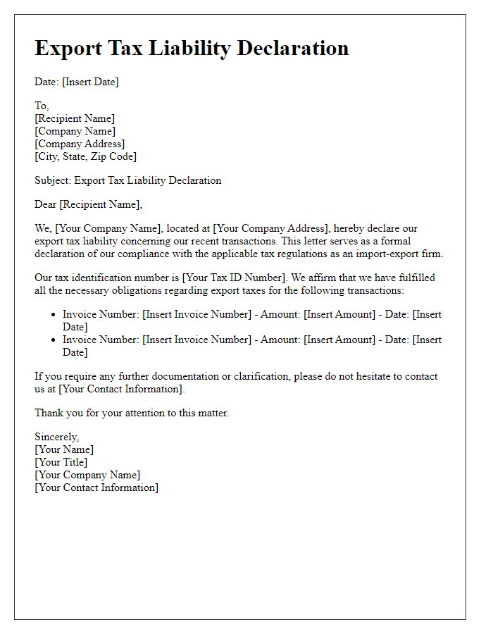 Letter template of export tax liability declaration for import-export firms.