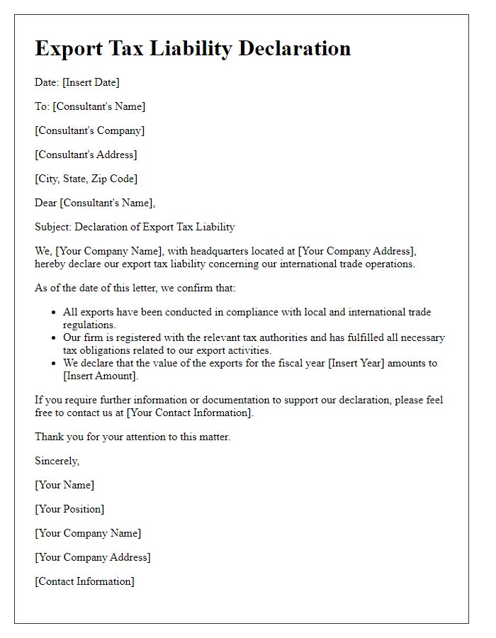 Letter template of export tax liability declaration for international trade consultants.