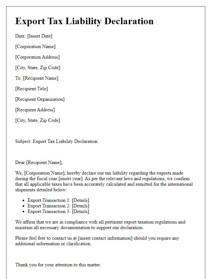 Letter template of export tax liability declaration for large corporations.