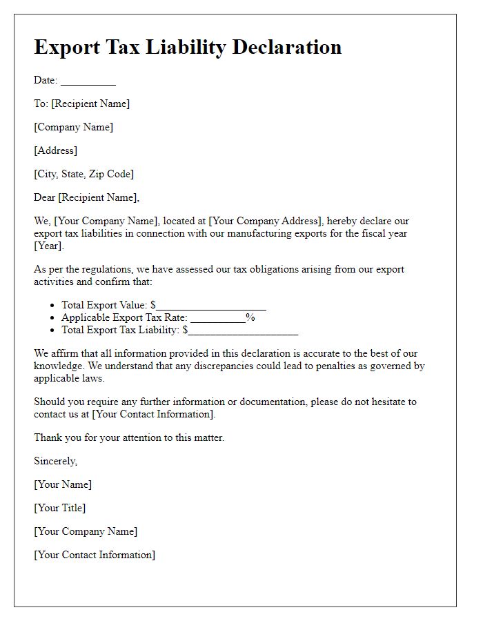 Letter template of export tax liability declaration for manufacturers.