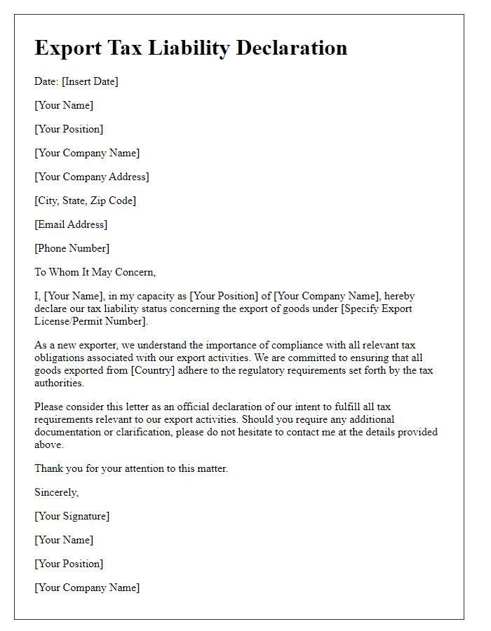 Letter template of export tax liability declaration for new exporters.