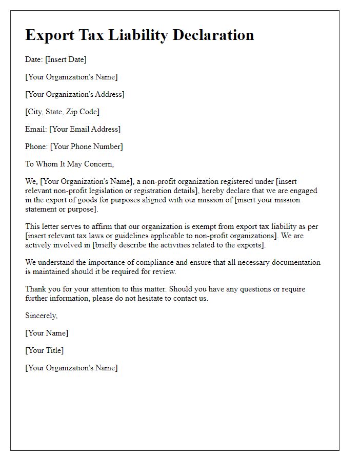 Letter template of export tax liability declaration for non-profit organizations.