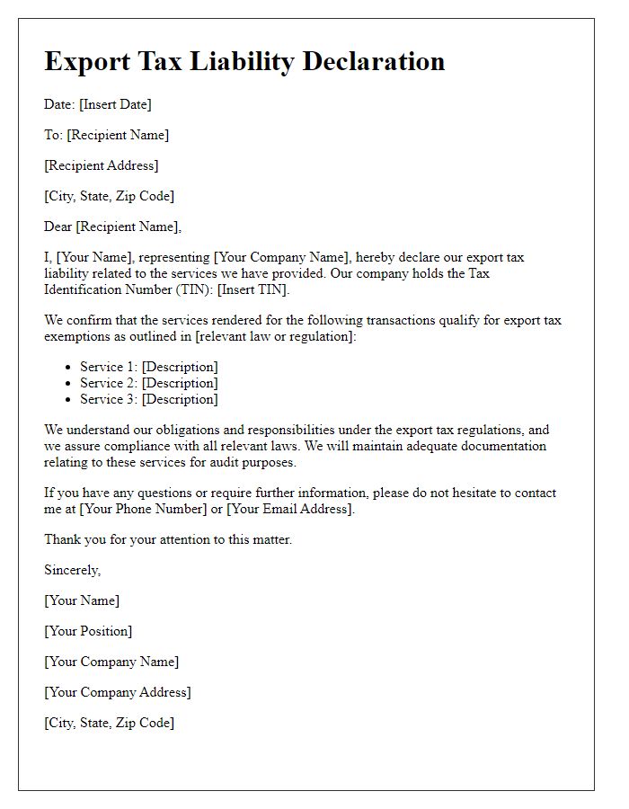 Letter template of export tax liability declaration for service providers.