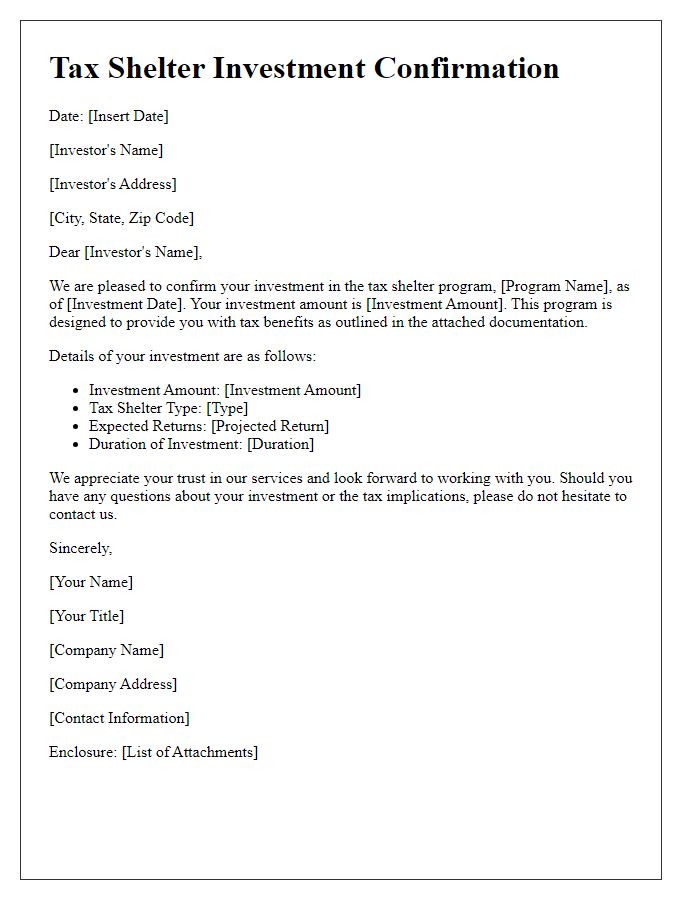 Letter template of tax shelter investment confirmation.