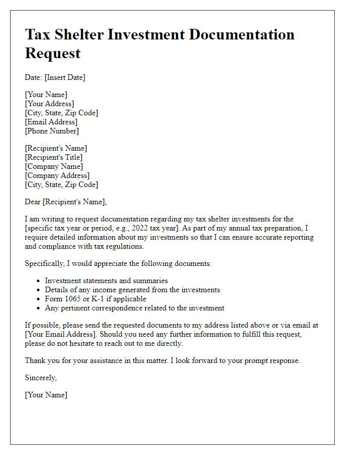 Letter template of tax shelter investment documentation request.