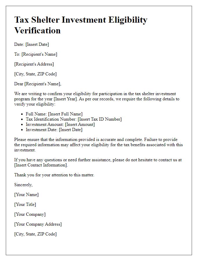 Letter template of tax shelter investment eligibility verification.