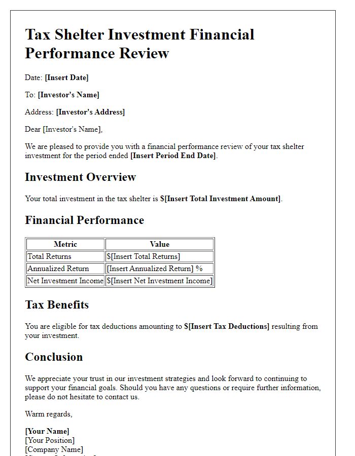 Letter template of tax shelter investment financial performance review.