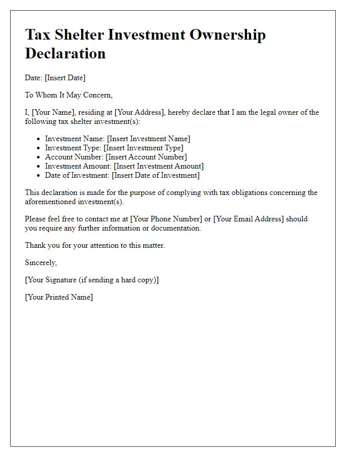 Letter template of tax shelter investment ownership declaration.