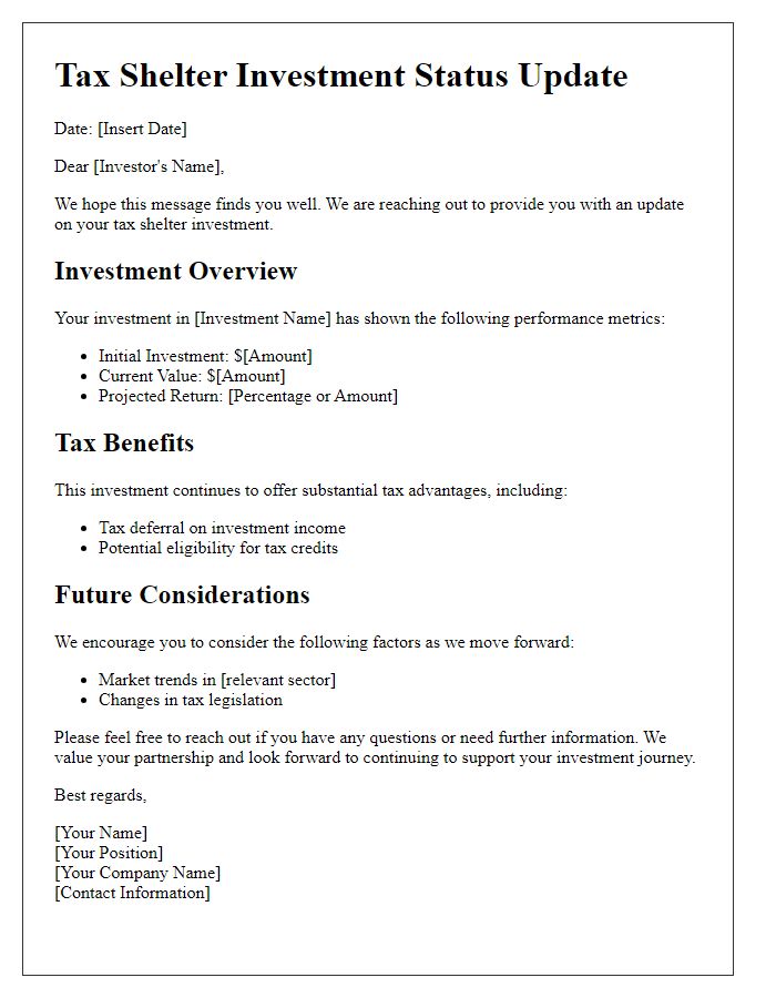 Letter template of tax shelter investment status update.