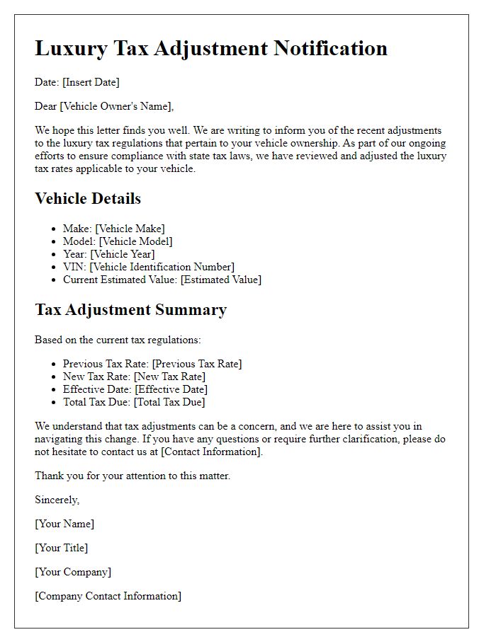 Letter template of Luxury Tax Adjustments for Vehicle Owners