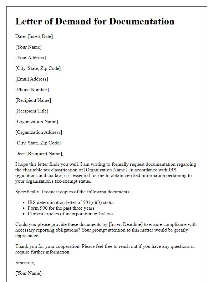 Letter template of demand for documentation of charitable tax classification