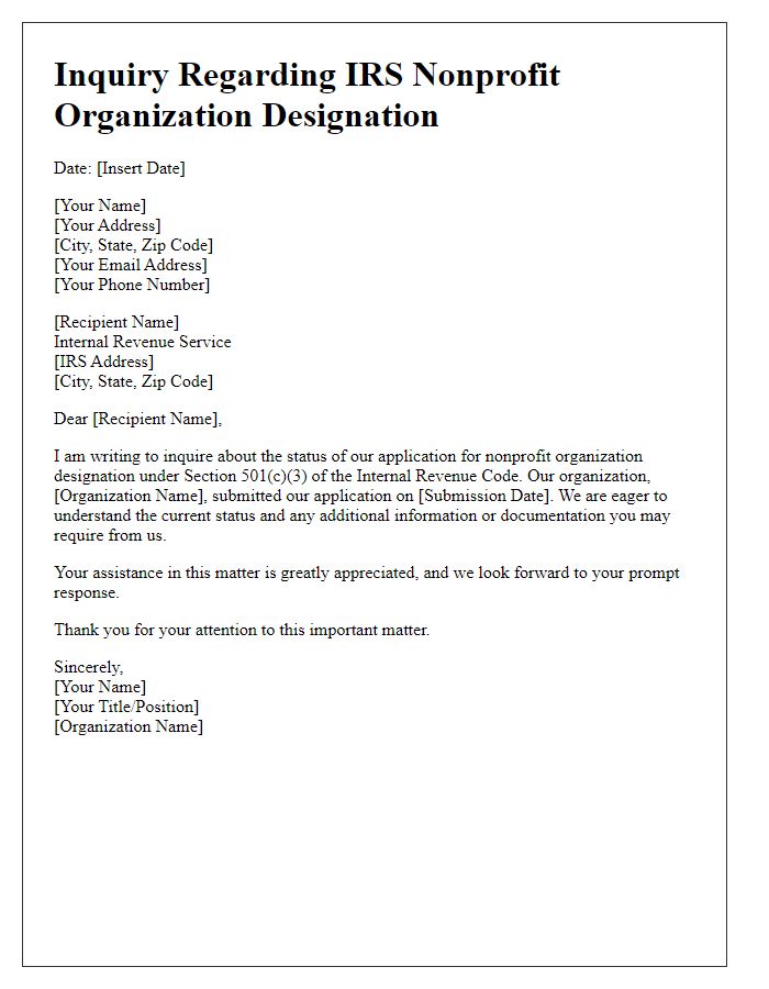 Letter template of inquiry about IRS designation for nonprofit organization