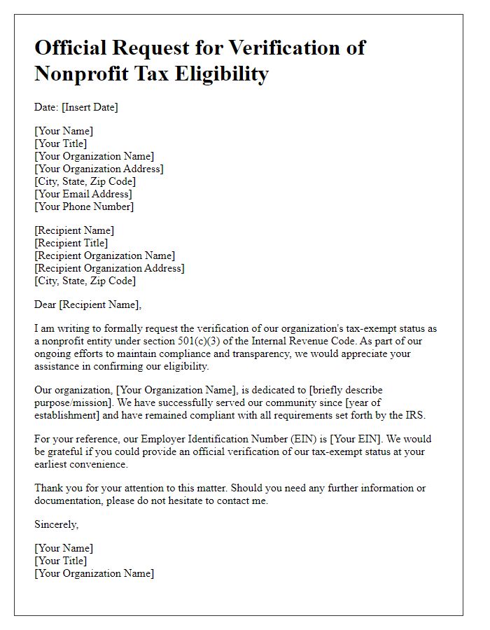 Letter template of official request for verification of nonprofit tax eligibility