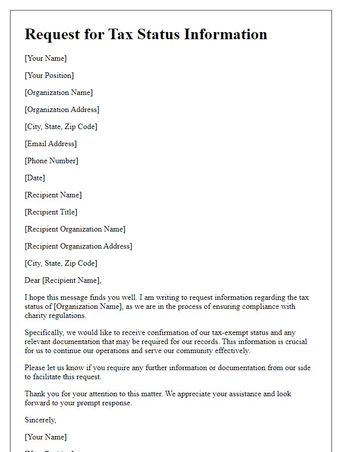 Letter template of request for tax status information for charity compliance