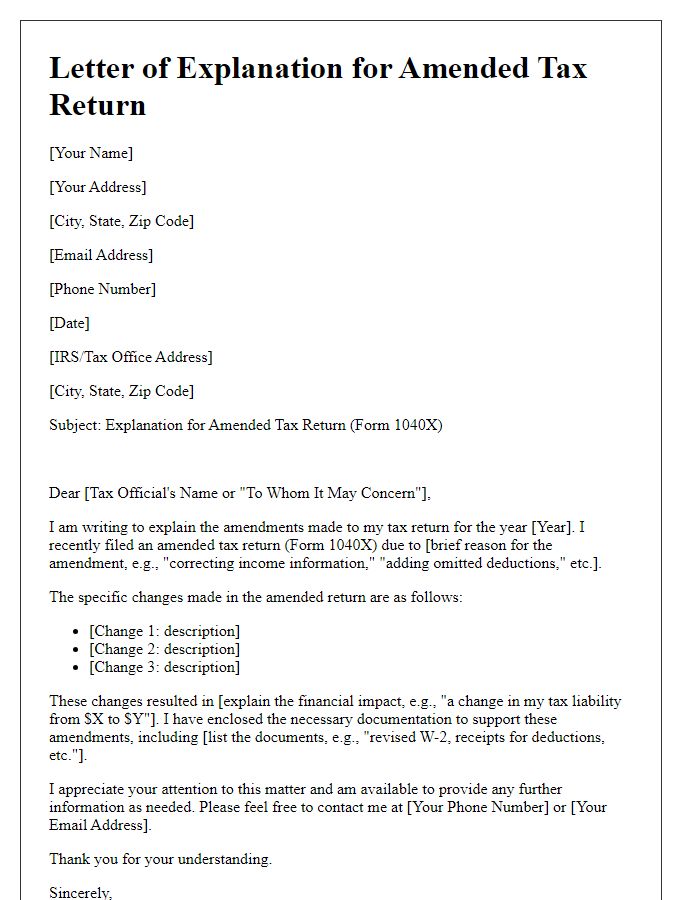 Letter template of explanation for amended tax return