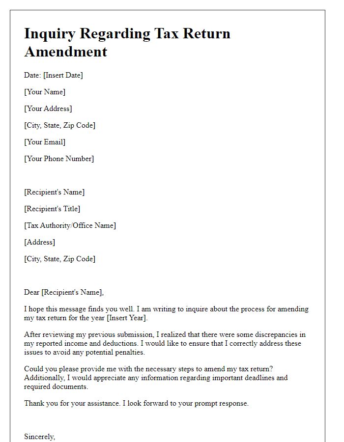 Letter template of inquiry regarding tax return amendment