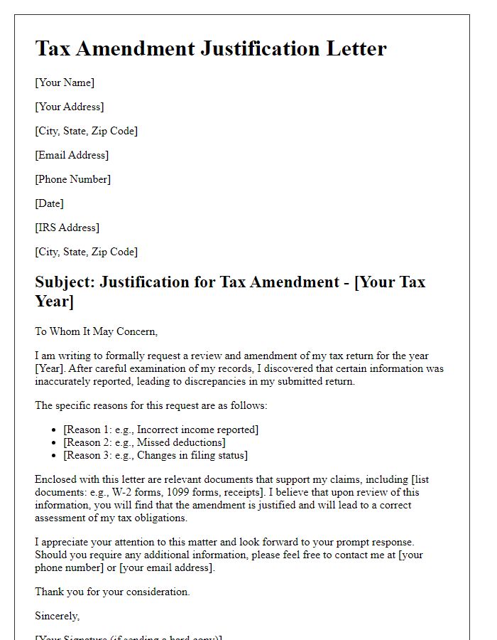 Letter template of justification for tax amendment