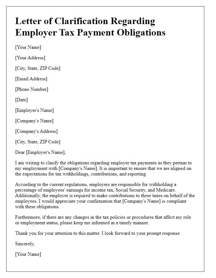 Letter template of clarification for employer tax payment obligations