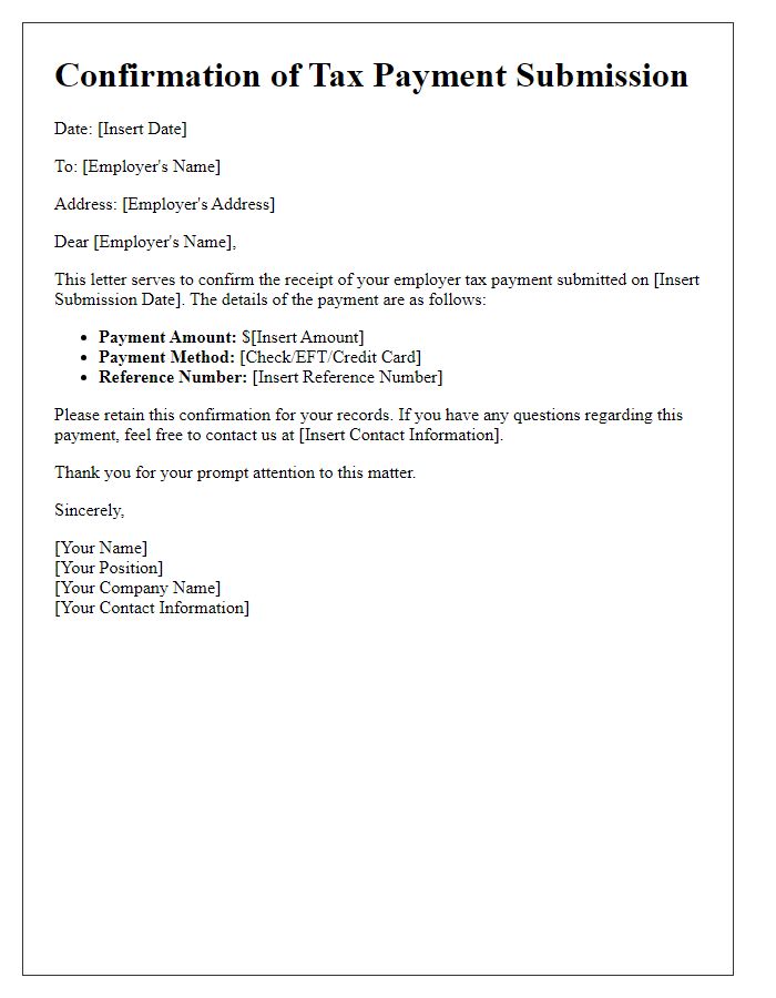 Letter template of confirmation for employer tax payment submission