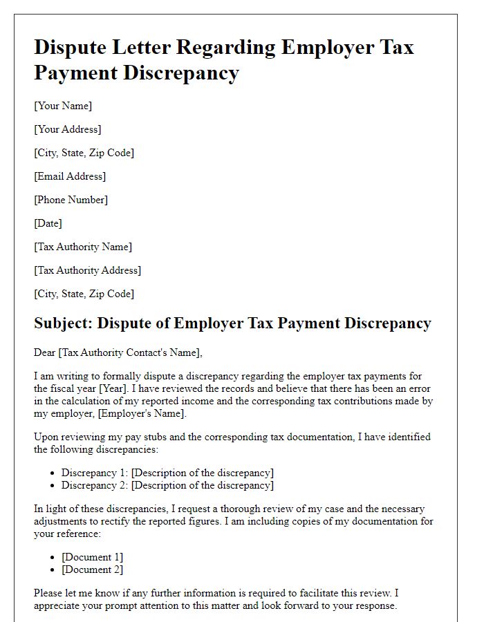 Letter template of dispute regarding employer tax payment discrepancy