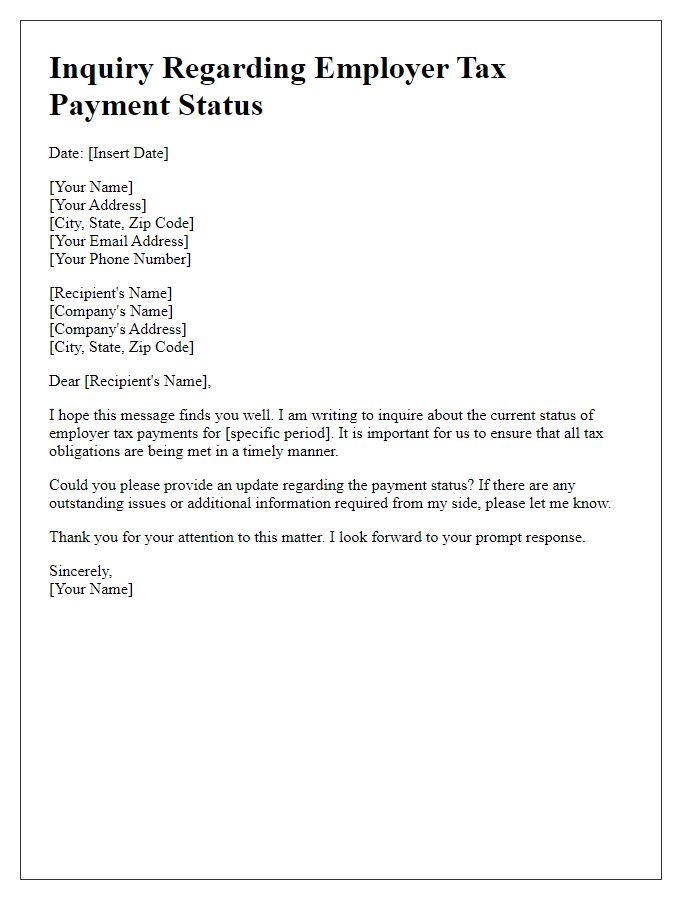 Letter template of inquiry regarding employer tax payment status